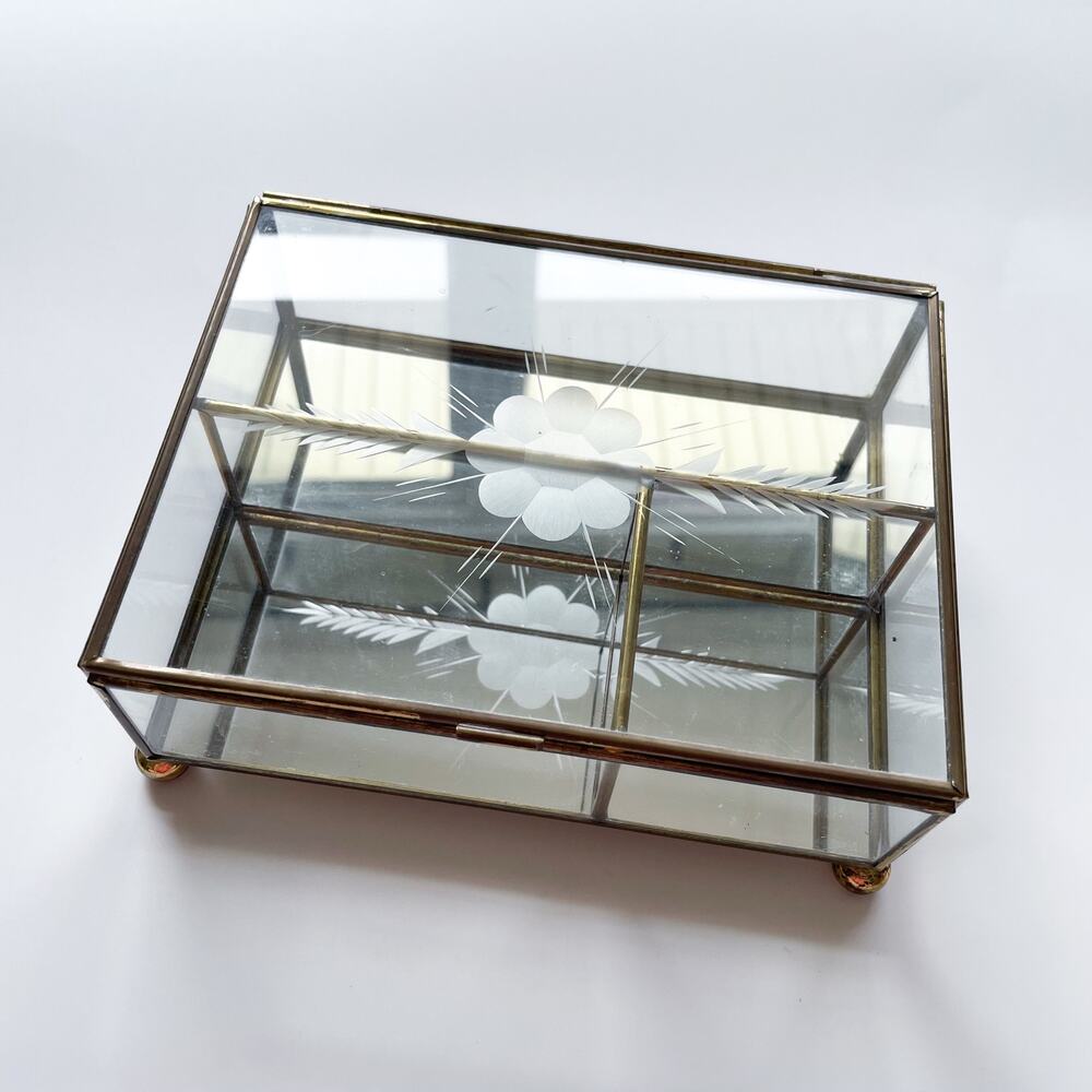 Vintage Brass Etched Glass Mirrored Footed Jewelry or Trinket Box Hinged Lid